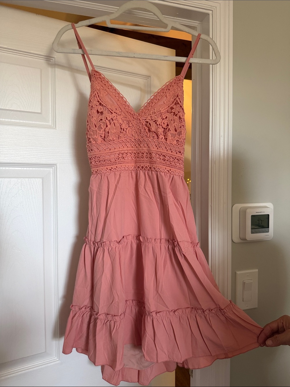 Delicate Crochet Bodice Pink Midi Dress